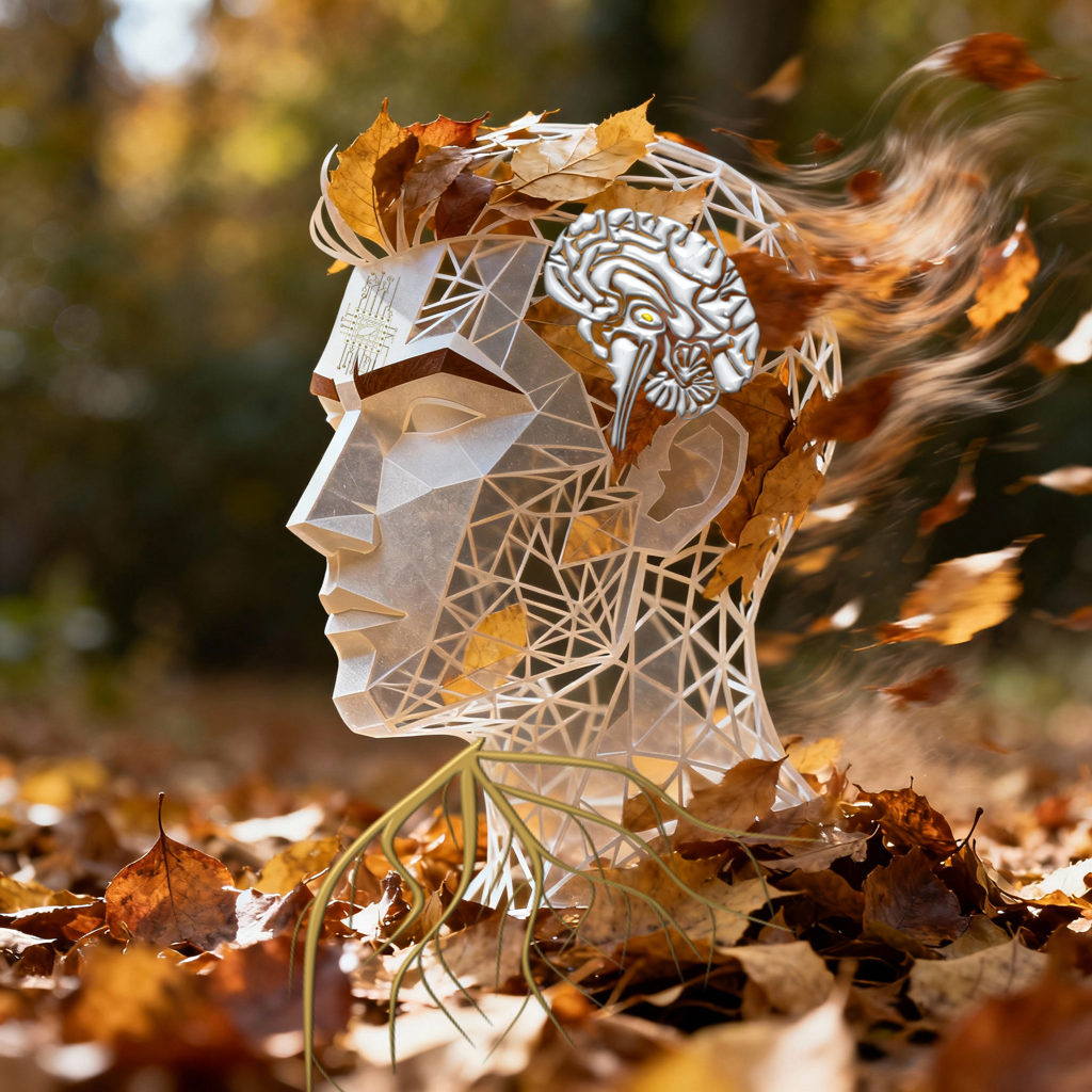 mans face geometric with real leaves added